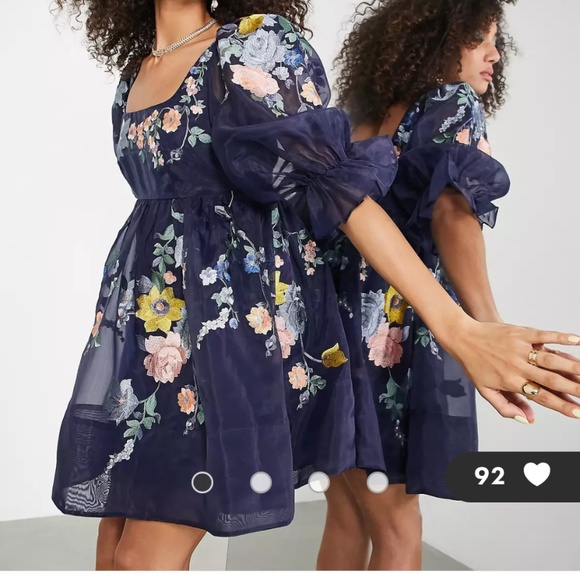 Asos Edition Puff Sleeve Embroidered Navy Mini Dress - Picture 4 of 4
